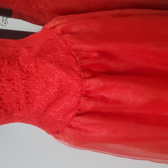 DAZZLING RED FIT N FLARE GOWN STRAPLESS LACE OVERLAY FULL ZIP BACK EMBROIDERED - Picture 9 of 16